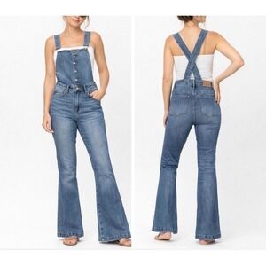 Judy Blue Flare Overalls Womens XL Blue Button Bib High Waist Boho Hippie